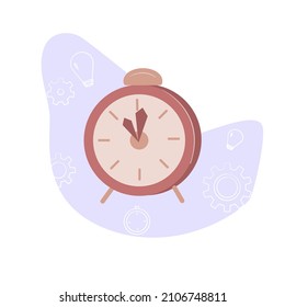 Vector illustration of the clock. Suitable for business, interesting ideas, work. Gears, light bulbs, alarm clock on a purple background are depicted