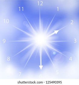 Vector illustration of clock sun on a blue cloudy sky.