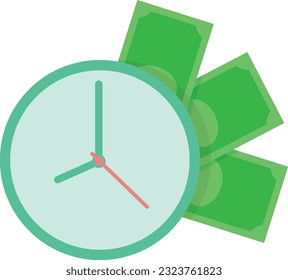 Vector illustration of clock surrounded by banknotes. Time is money. Savings and finance. Productivity and time management.