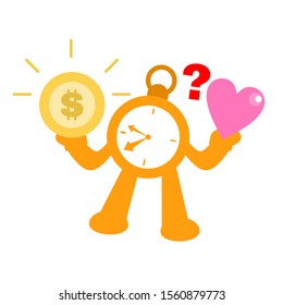 vector illustration clock time confused about coin money dollar economy and love flat design cartoon style