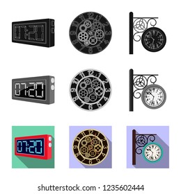 Vector illustration of clock and time icon. Set of clock and circle vector icon for stock.