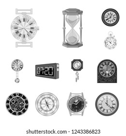 Vector illustration of clock and time icon. Set of clock and circle stock symbol for web.