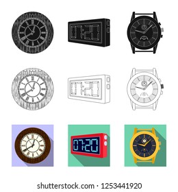 Vector illustration of clock and time icon. Set of clock and circle stock symbol for web.
