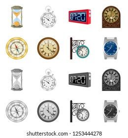 Vector illustration of clock and time icon. Collection of clock and circle stock symbol for web.