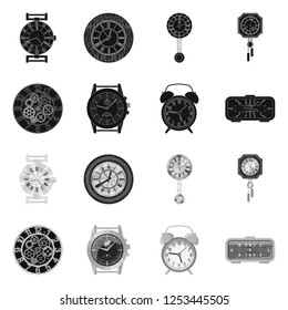 Vector illustration of clock and time icon. Set of clock and circle stock symbol for web.