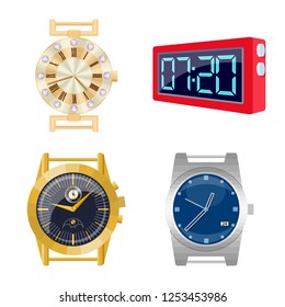 Vector illustration of clock and time icon. Set of clock and circle stock symbol for web.