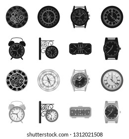 Vector illustration of clock and time icon. Collection of clock and circle vector icon for stock.