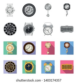 Vector illustration of clock and time icon. Collection of clock and circle stock vector illustration.