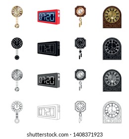 Vector illustration of clock and time icon. Set of clock and circle vector icon for stock.