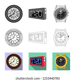 Vector illustration of clock and time sign. Collection of clock and circle stock symbol for web.