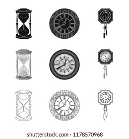 Vector illustration of clock and time symbol. Set of clock and circle vector icon for stock.