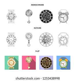 Vector illustration of clock and time symbol. Collection of clock and circle vector icon for stock.