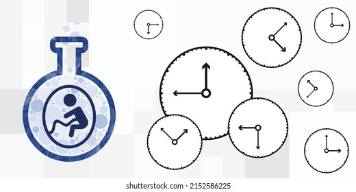 vector illustration of clocks and baby in flask for oocyte cryopreservation and pregnancy planning