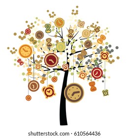 vector illustration of clocks and time symbols hanging on the tree