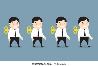 Vector illustration of clockwork businessman. Employees with wind-up key in his back. Flat design