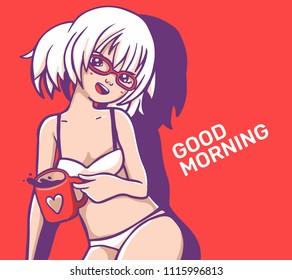 Vector illustration of close up beautiful blonde girl with glasses and cup of coffee on red background. Hand drawn line art style of girl in underwear for print, web, site, card