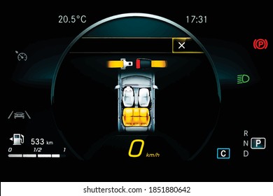 Ilustración vectorial del cierre del panel del salpicadero del coche que muestra el recordatorio del cinturón de seguridad. Moderno clúster de instrumentos LCD digital para coches con velocímetro, manómetro de combustible, icono de asistencia para carriles. Símbolo del cinturón de seguridad.