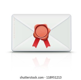 Vector illustration of close detailed post envelope and red old-fashioned wax seal with ribbons and copy space for your own text and images