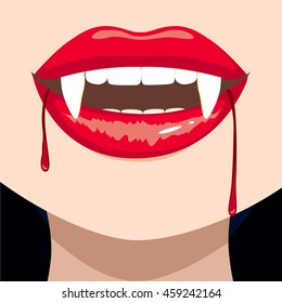 Vector illustration close up of female vampire bloody mouth open showing fangs red sexy lips