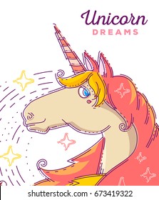 Vector illustration of close up head of magic color unicorn with wind hair and horn on white background with stars. Thin flat line art cartoon design to make unicorn party poster, invitation, card