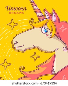 Vector illustration of close up head of magic beautiful unicorn with wind hair and pink horn on yellow background with stars. Thin flat line art cartoon design for unicorn poster, greeting card