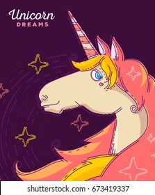 Vector illustration of close up head of magic bright unicorn with wind hair and horn on dark background with stars. Thin flat line art design to make unicorn party poster, invitation, greeting card