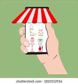 Vector illustration of close up mobile phone and application for e-commerce isolated on green