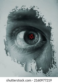 Vector illustration of close up of mutant human red eye on the white background.