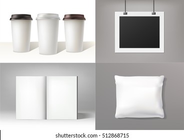 Vector illustration of close up take-out tea/coffee caps, blank retro photo frame, opened empty book and blank of white pillow. 