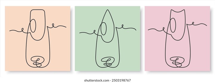 A vector illustration close up of three nail shapes. Squoval, stiletto, cut out. Vector beauty design. One line minimalism art. Continuously line drawing.