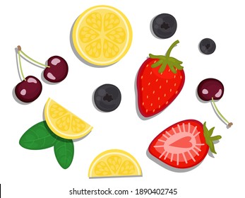 vector illustration close up top view of fresh ingredients. Sour fruit, Red cherry, blueberry,  lemon, strawberry, mix