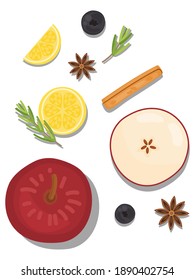 vector illustration close up top view of fresh ingredients. slice, cut, lemons, apple, star anise, rosemary, sweet,dessert, fruit, fresh,blueberry, cinnamon,