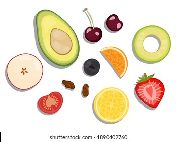 vector illustration close up top view of fresh ingredients. Red cherry, avocado, blueberry, orange, lemon, strawberry, raisin, melon,apple,