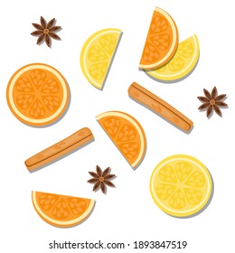 vector illustration close up top view of fresh ingredient sliced. Lemon, orange, yellow, fresh, cinnamon stick, star anise,