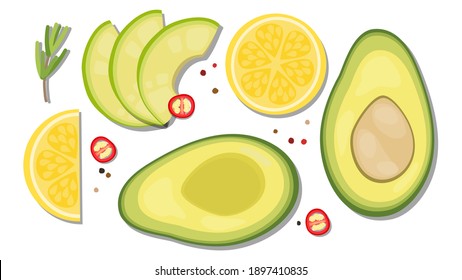 vector illustration close up top view of fresh ingredient sliced. avocado, lemon, red chili, spicy, rosemary, perpper