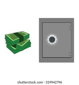 Vector illustration of closed bank safe and  banknotes. Money safe icon. Steel safe. Security concept with metal safe icon