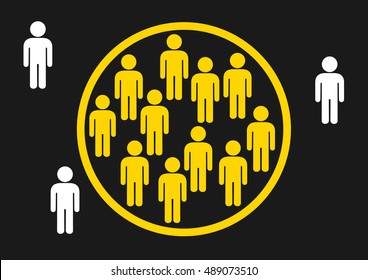 Vector illustration of closed circle between majority and minority - borders and exclusion of diverse people. Metaphor of marginalization, xenophobia, intolerance, excommunication