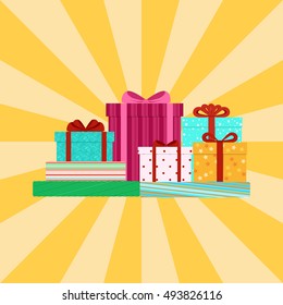 vector illustration. Closed colored boxes with gifts on the background of yellow rays. The concept for the design of sales, prizes, booklets, business cards, invitations, posters.