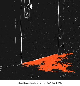 Vector Illustration Closed Door and Puddle of Blood