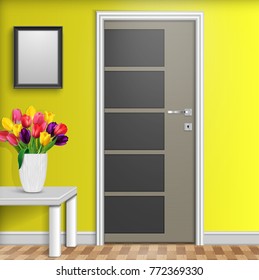 Vector illustration of Closed door with vase and flowers over white table isolated on yellow wall background