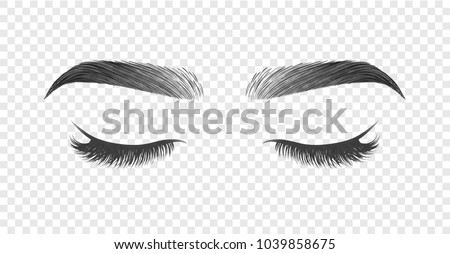 Vector illustration of closed eye with black long false eyelashes and eyebrows isolated on transparent background