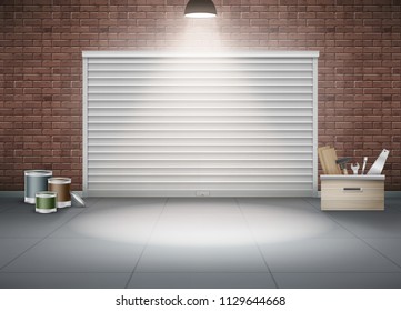 Vector illustration of closed garage for car or storage with brown brick wall lit lamp. Realistic composition of construction tools and paint near shutter