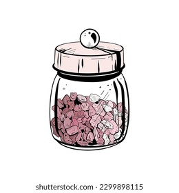 Vector illustration of closed glass container with solid lid and sea cosmetic salt on white background. Black outline, graphic drawing in curves. For textile print, stickers, logo, stamp, poster, card