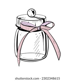 Vector illustration of closed glass container with solid lid and ribbon bowknot on white background. Black outline, graphic drawing in curves. For textile printing, stickers, logo, stamp, banner, card