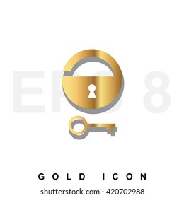 Vector illustration closed golden lock and silver key isolated on white background. Lock, key icon set, collection. Padlock