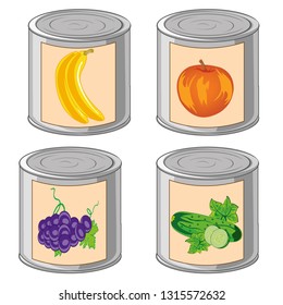 Vector illustration closed iron bank with compote from fruit and vegetables