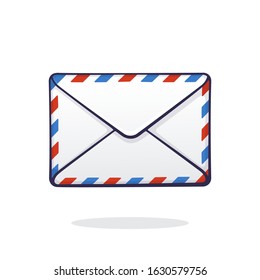 Vector illustration. Closed mail white envelope with red and blue stripes. Not read incoming message. Symbol of communication and incoming letter. Graphic with contour. Isolated white background