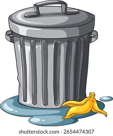 Ilustração vetorial de uma lata de lixo de metal fechado com uma casca de banana amarela e poça d'água no chão, renderizada em estilo cartoon