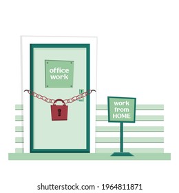 Vector illustration of a closed office. Closed door with barn lock isolated on white background. Working from home during a pandemic.