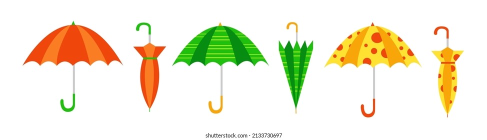 Vector illustration closed and open colorful umbrellas on white background. Rain protection in cartoon style.